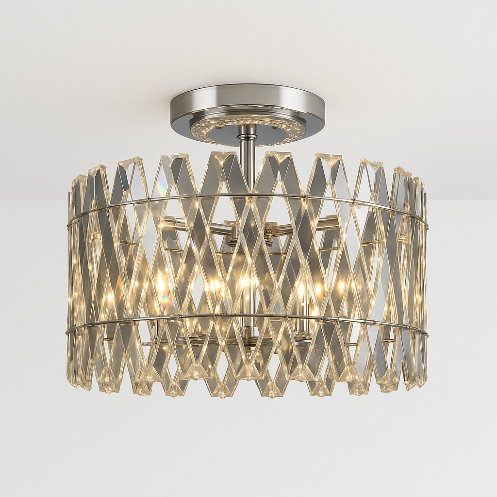 Luxury 65cm wide silver crystal flush ceiling light with clear faceted prisms and soft glow, shown against a plain white and soft grey background.