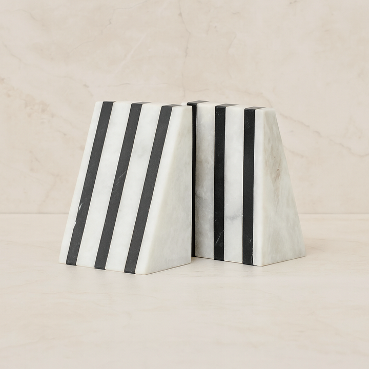 Luxury marble bookends with black stripe design in modern geometric style