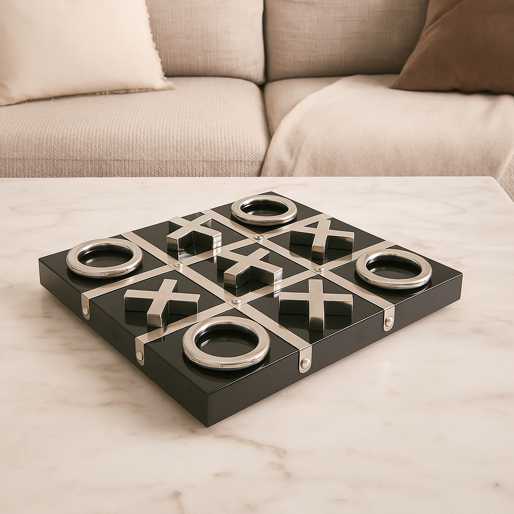 Luxury black and silver tic tac toe set on marble table