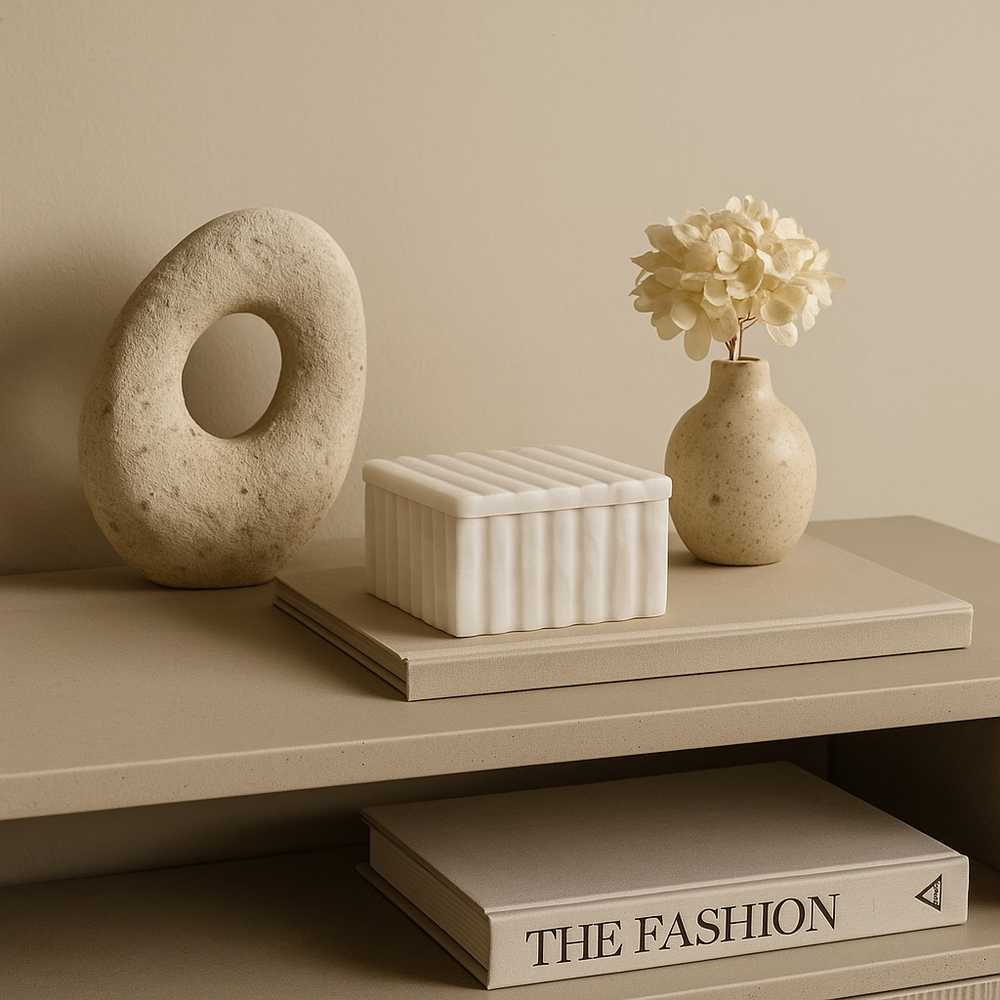 Luxury white marble box on sideboard styled with stone sculpture, neutral vase with flowers, and coffee table book