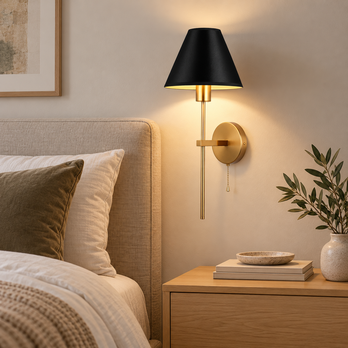 Mahon brass wall light with black shade styled beside a modern bed and oak bedside table.
