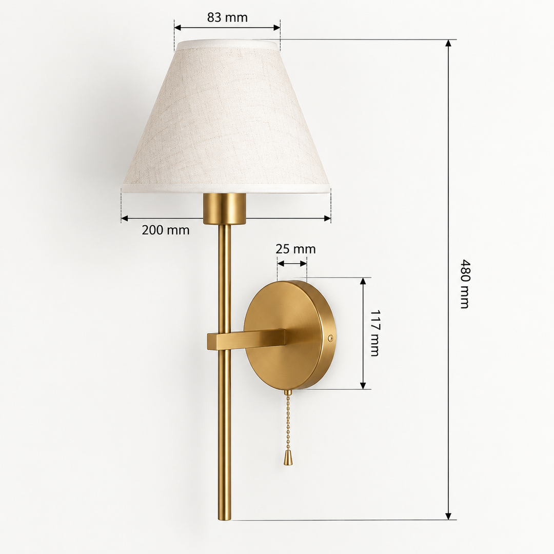 Mahon brass wall light dimensions showing 480mm overall height, 200mm shade width and 117mm backplate.