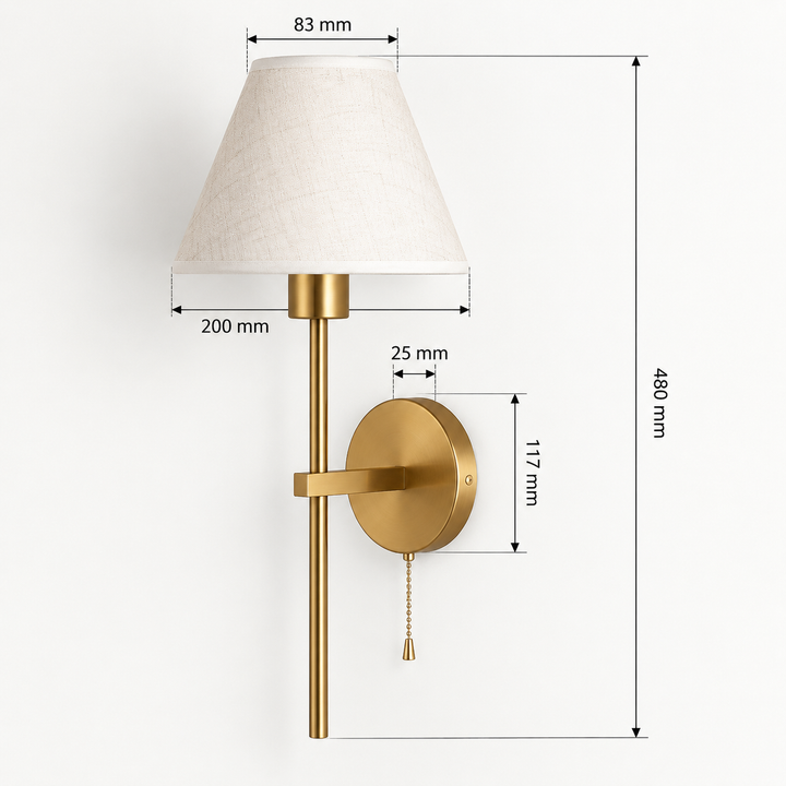 Mahon brass wall light dimensions showing 480mm overall height, 200mm shade width and 117mm backplate.