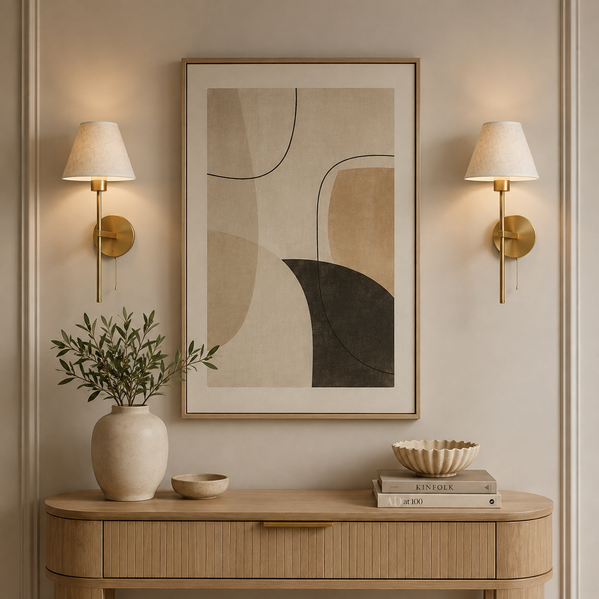Pair of Mahon brass wall lights with cream shades styled either side of modern abstract artwork above a light wood console table.