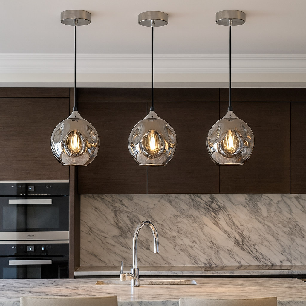 Maitland smoked glass pendant lights above marble kitchen island