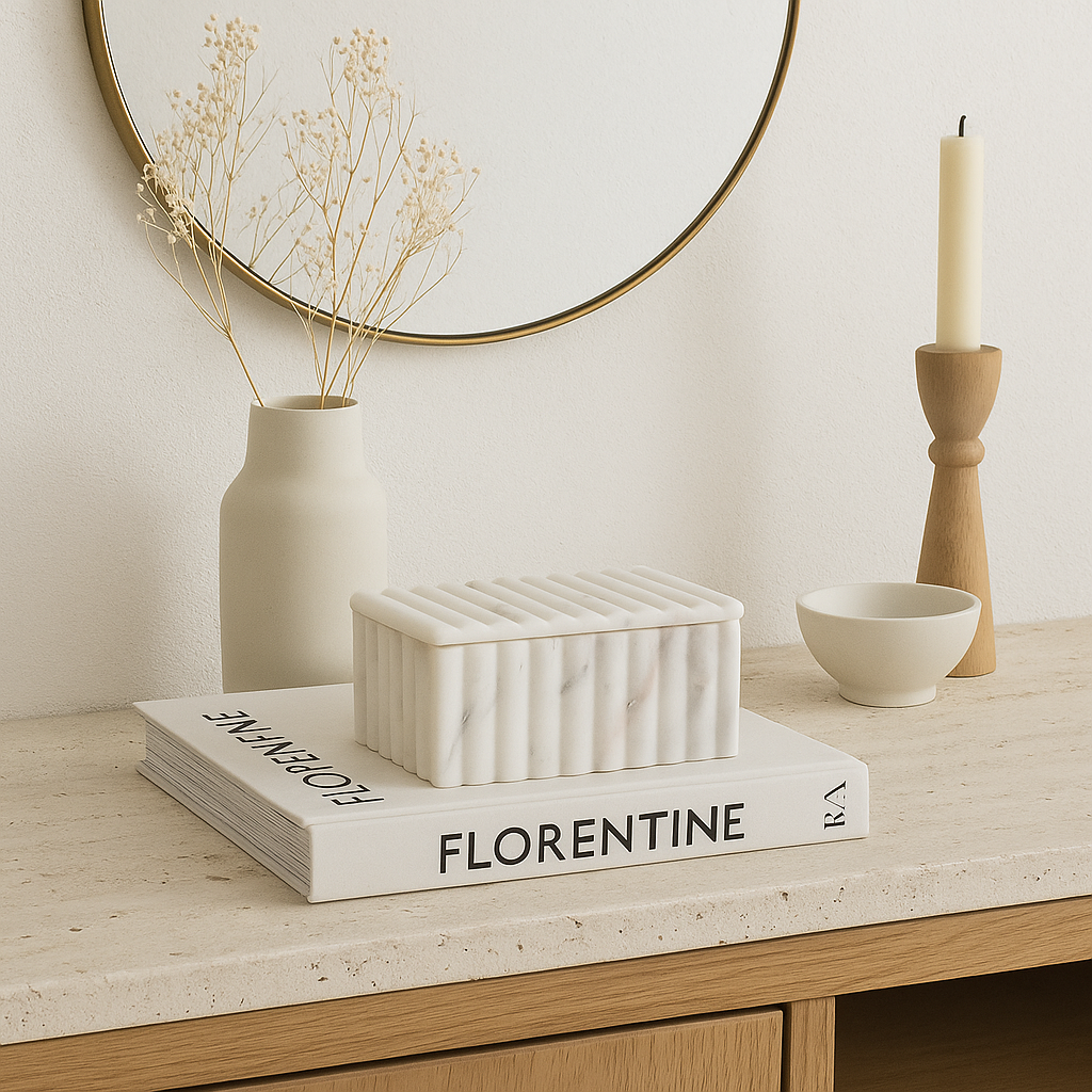 White marble fluted storage box styled on a Nordic media wall unit with books, vase, and candle accessories.