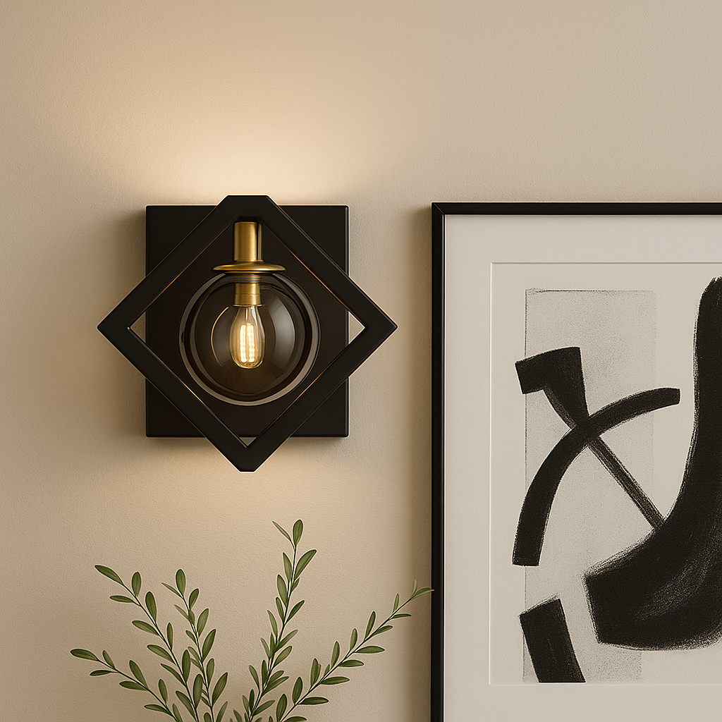 Marlow black and gold wall light in Scandi living room