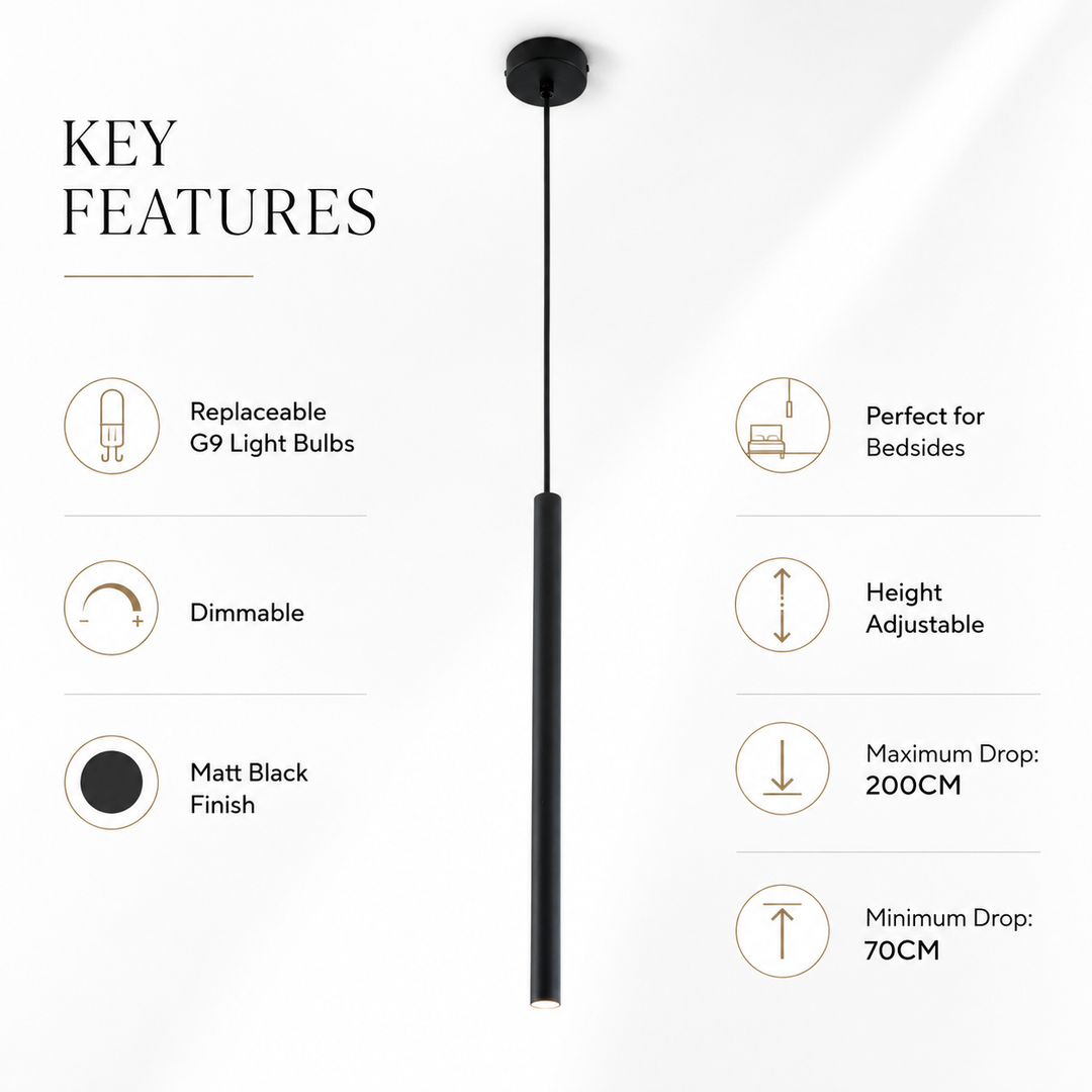 Matt black G9 pendant bedside infographic