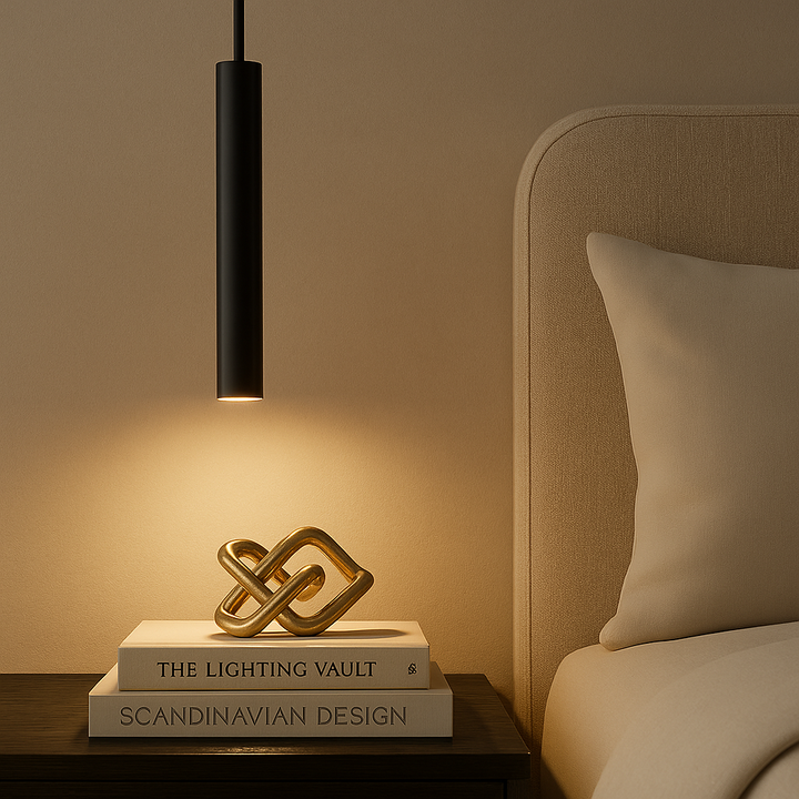 Milan black pendant light used as a bedside pendant, styled with stacked books and a gold sculpture in a modern luxury bedroom.