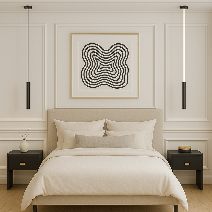 Milan black pendant lights in a classic bedroom with white panelled walls, upholstered bed, abstract black and white artwork