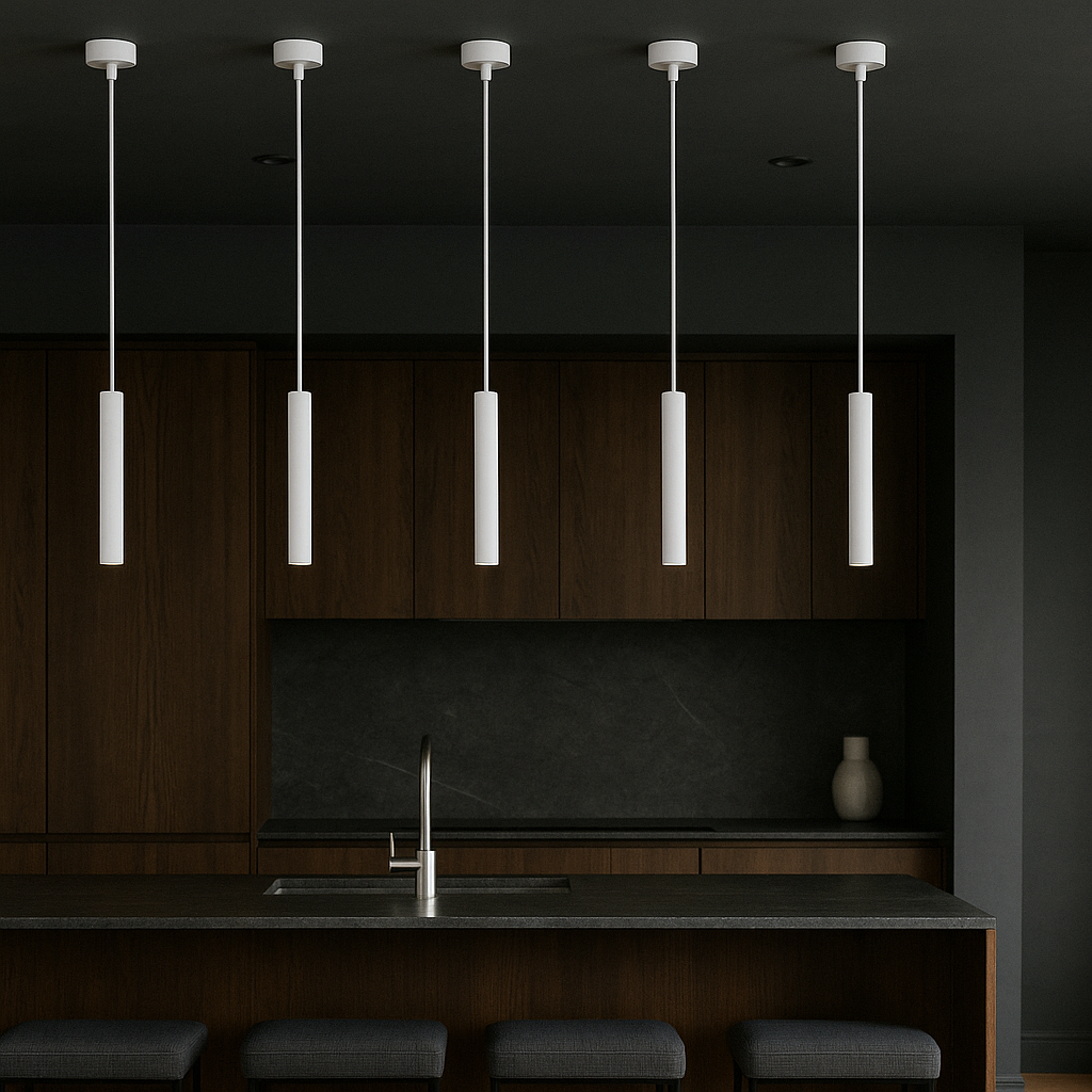 Milan white pendant lights in a modern dark Scandi kitchen with deep walnut cabinetry, charcoal stone surfaces, and a sleek island design.