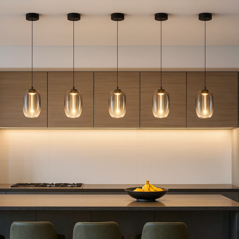 Five smoked glass mini pendant lights hanging in proportion above a modern kitchen island with sleek cabinets and bar stools