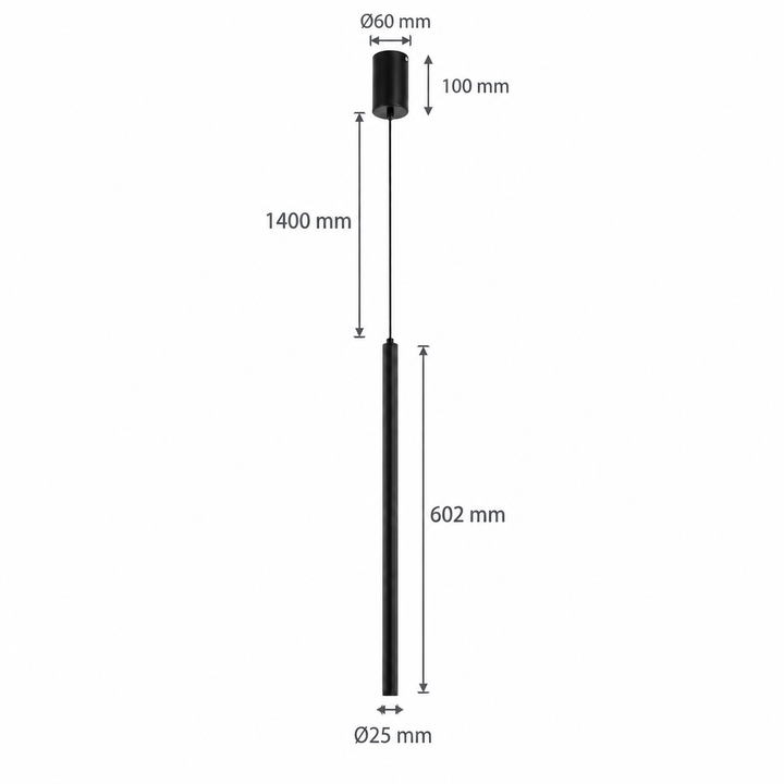 Black cylinder pendant dimensions: 602mm tube length, 25mm diameter, 1400mm suspension cable and ceiling canopy measuring 60mm wide by 100mm high.