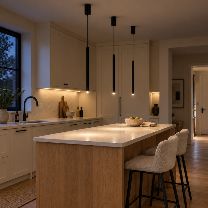 Three slim black cylinder LED pendants casting subtle light onto a compact oak kitchen island at dusk.