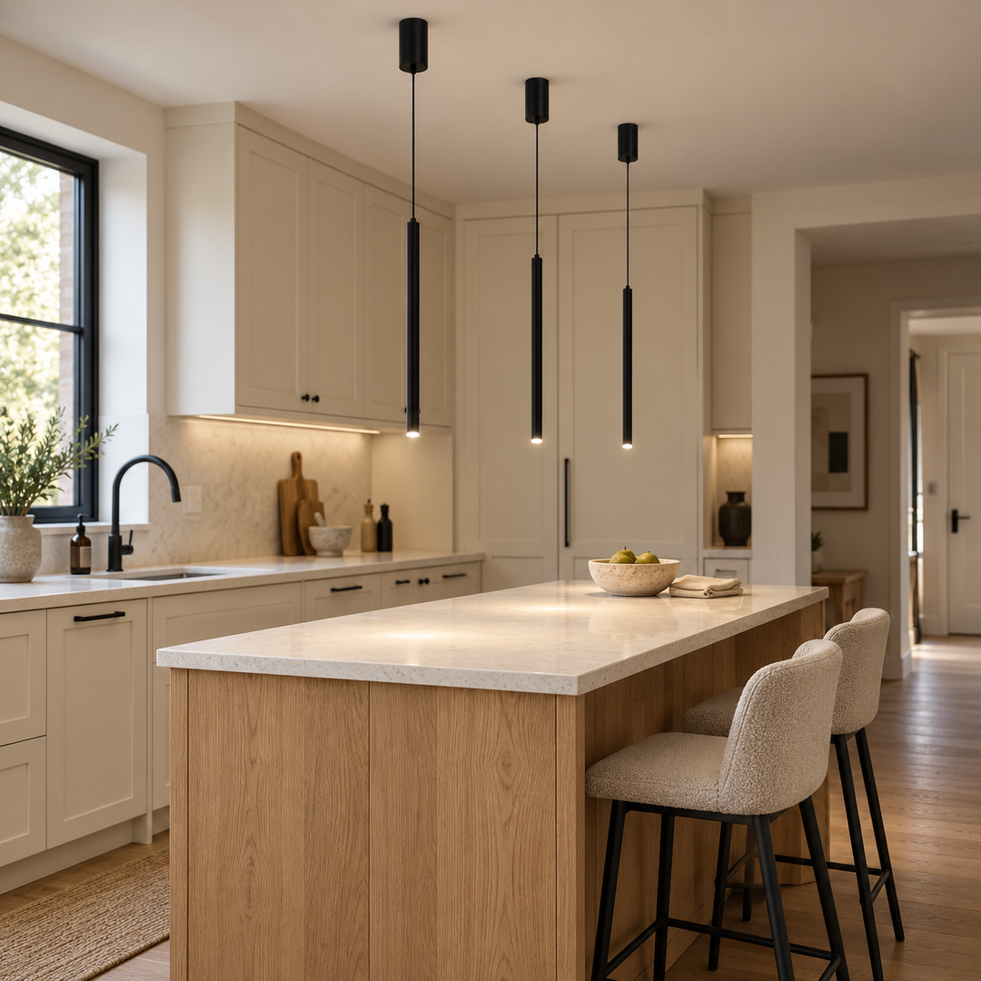 Three slim black cylinder LED pendants above a compact oak kitchen island with a pale stone worktop, shown from an angled view.
