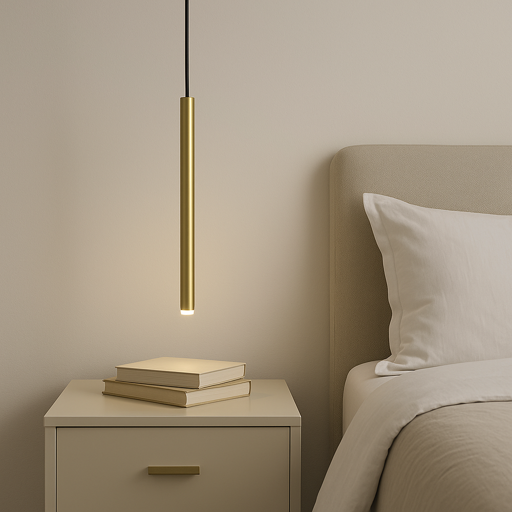 Modern bedroom with gold accents featuring a slim 2.5cm wide gold pendant light hanging over a cream bedside table with stacked books.