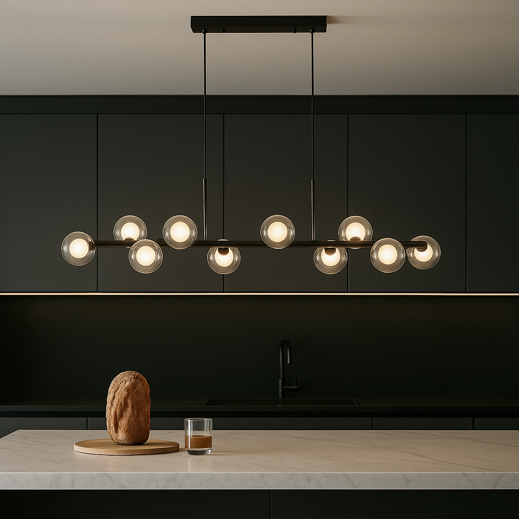 Luxury modern kitchen with black cabinetry featuring a 115cm pendant bar light with glass globe shades hanging above a marble island.