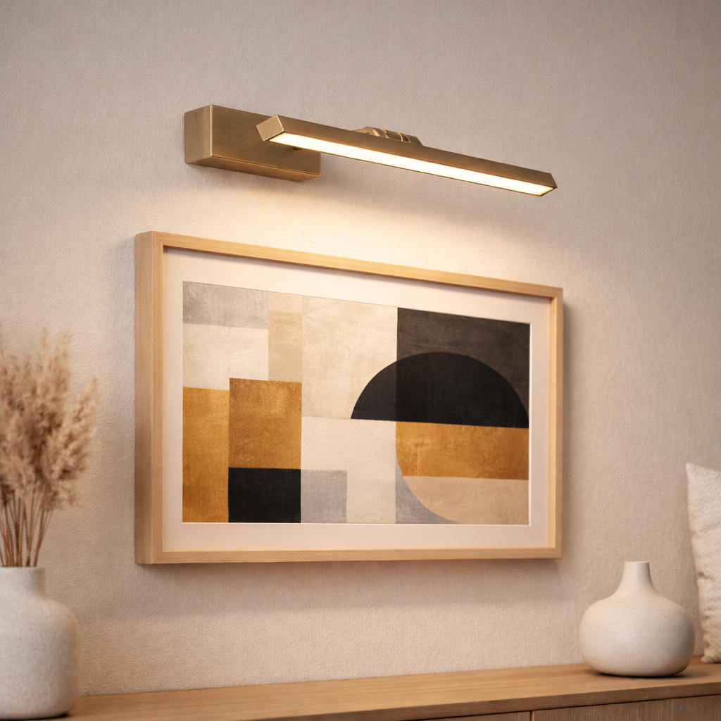 modern brass picture light illuminating abstract art
