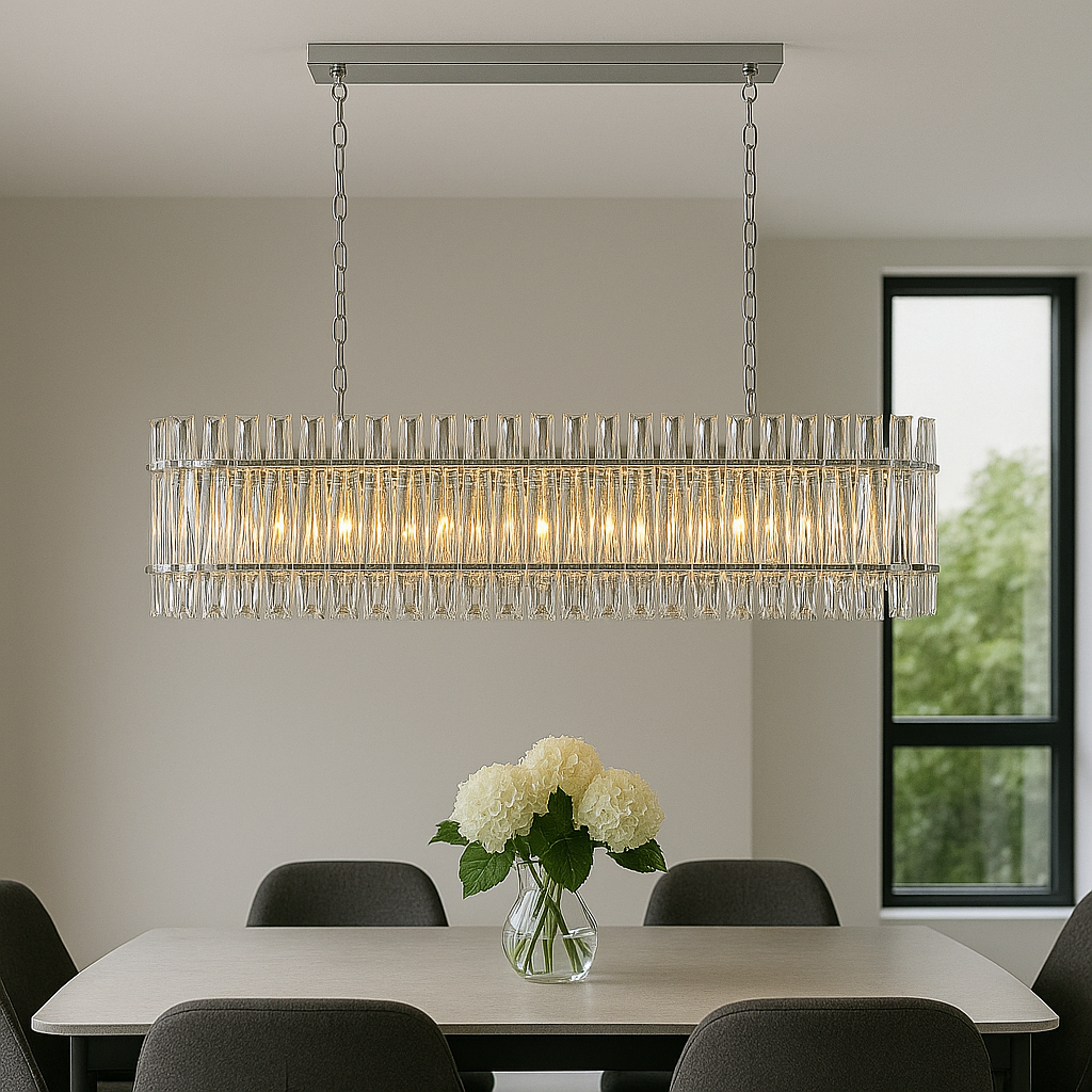 Modern dining room with a rectangular crystal chandelier in a silver frame hanging above a light gray table with dark chairs and a vase of white hydrangeas.
