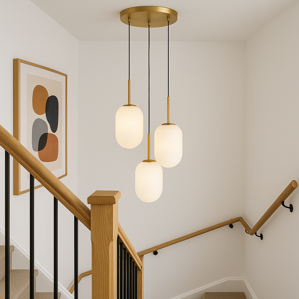 Luxury modern 3 light gold pendant with frosted glass shades hanging at the top of a staircase with white walls, oak and black railings, and abstract modern artwork.