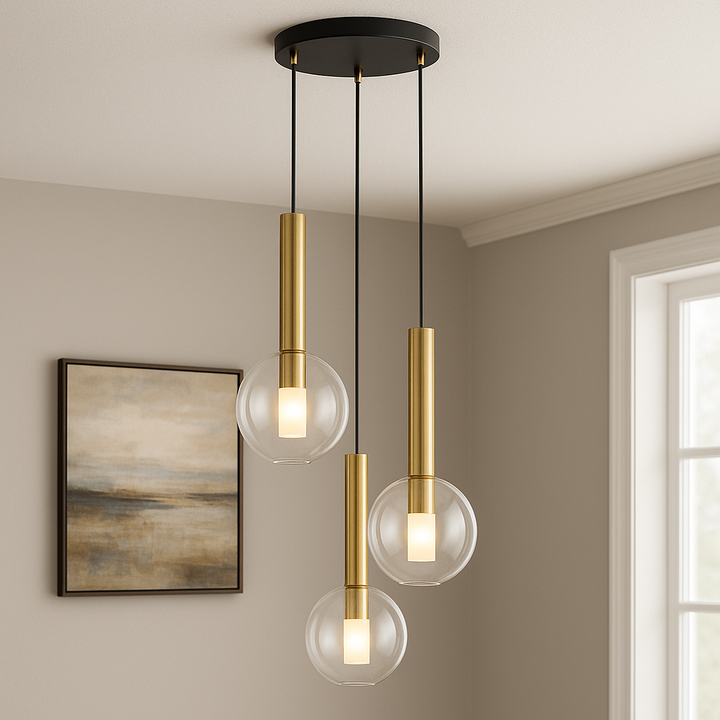 Modern gold and clear glass 3-light pendant fixture with round ceiling plate