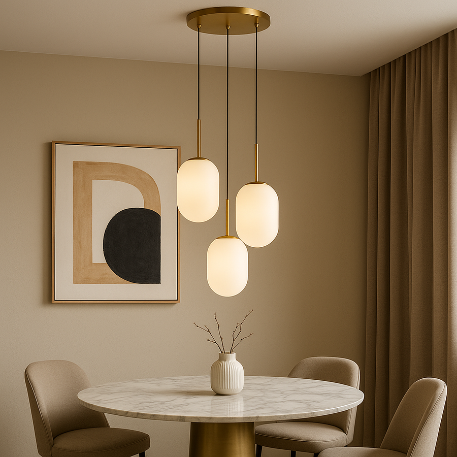 Luxury modern 3 light gold pendant with frosted glass shades hanging above a round marble dining table with neutral chairs and abstract artwork.