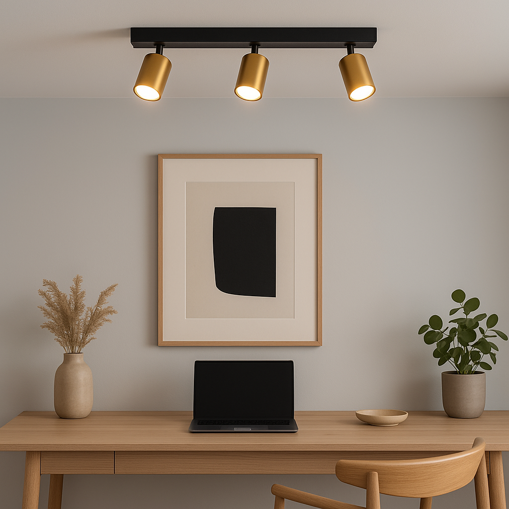 Modern home office with wooden desk, minimalist artwork, and the Benalla black and gold 3 light bar flush ceiling fitting providing warm illumination