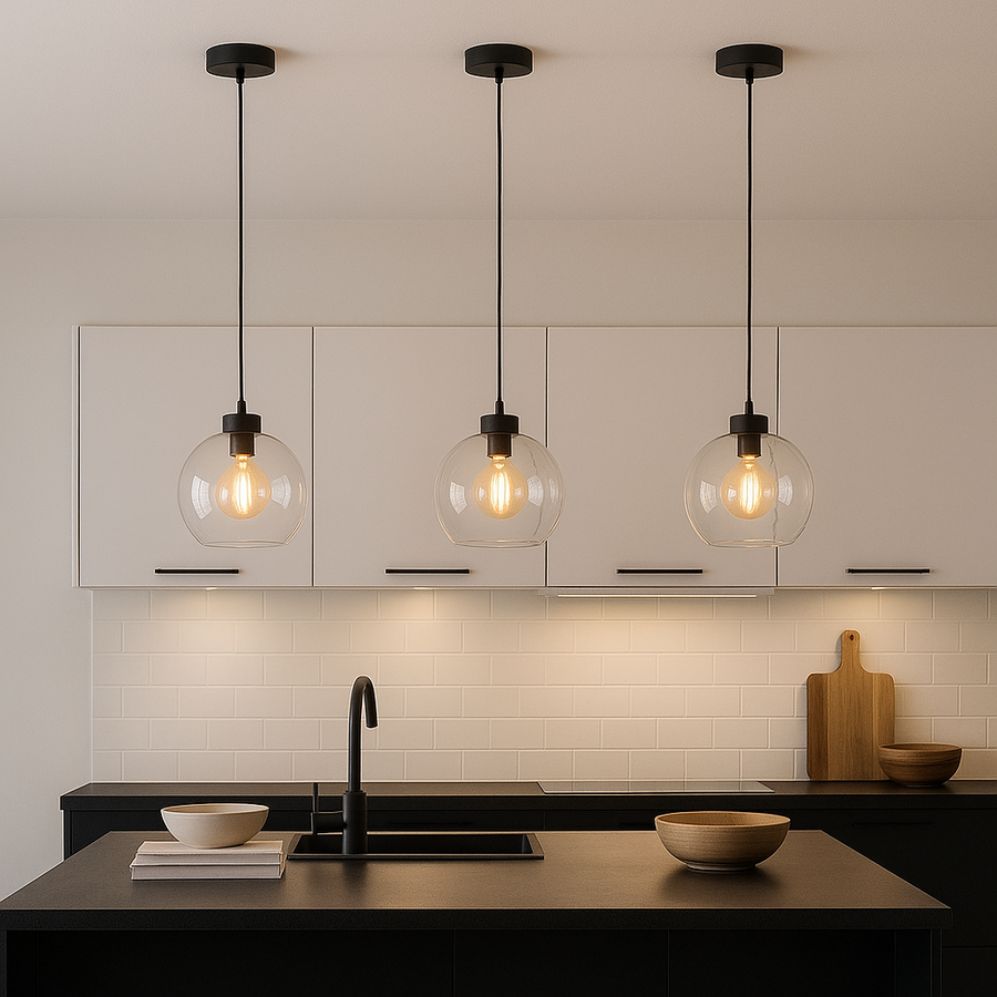 Modern kitchen with black accents featuring three 25cm clear glass pendant lights hanging above an island