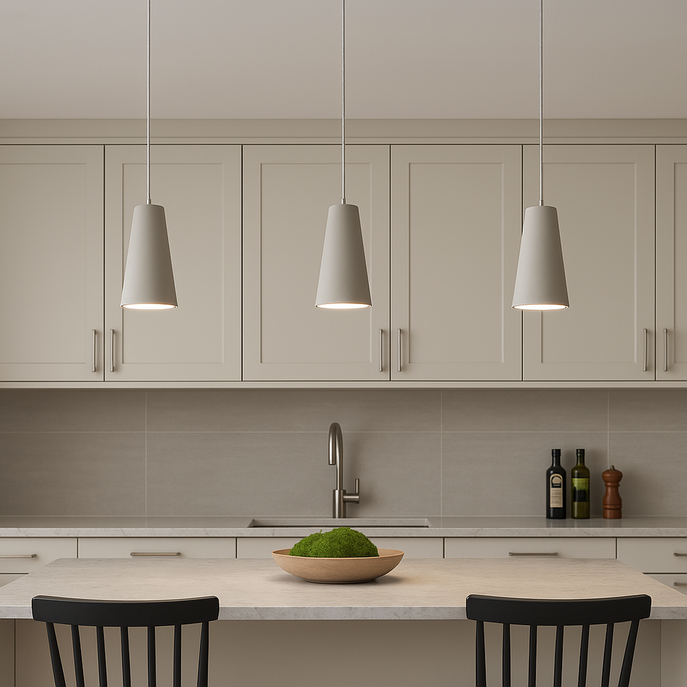 Modern kitchen with three pendant lights above an island, neutral cabinets for contrast, and a decorative bowl of green moss for Scandi-luxury styling