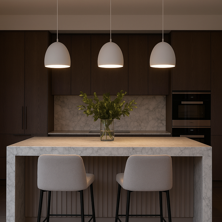 modern-kitchen-three-white-pendants-marble-island