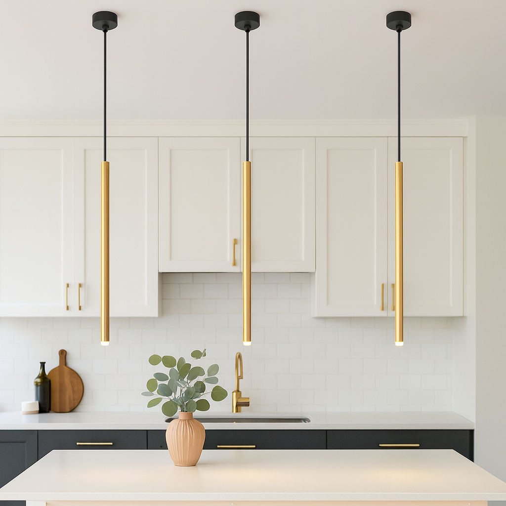 Modern white kitchen with gold accents featuring three slim 2.5cm wide gold pendant lights hanging proportionally over a small island