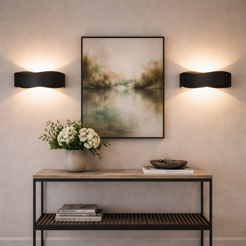 Pair black wall lights framing artwork console table