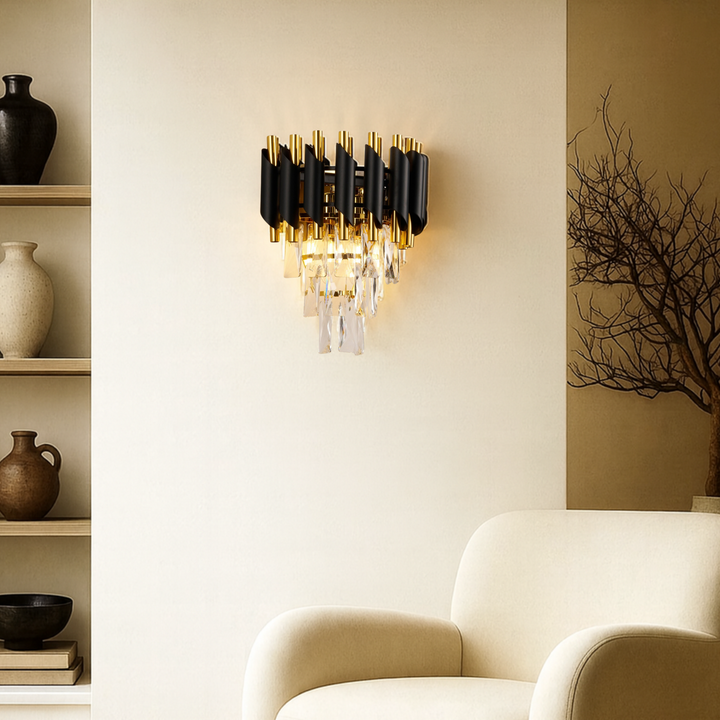 Moura wall light styled in a luxury modern interior with polished gold, black and crystal design.
