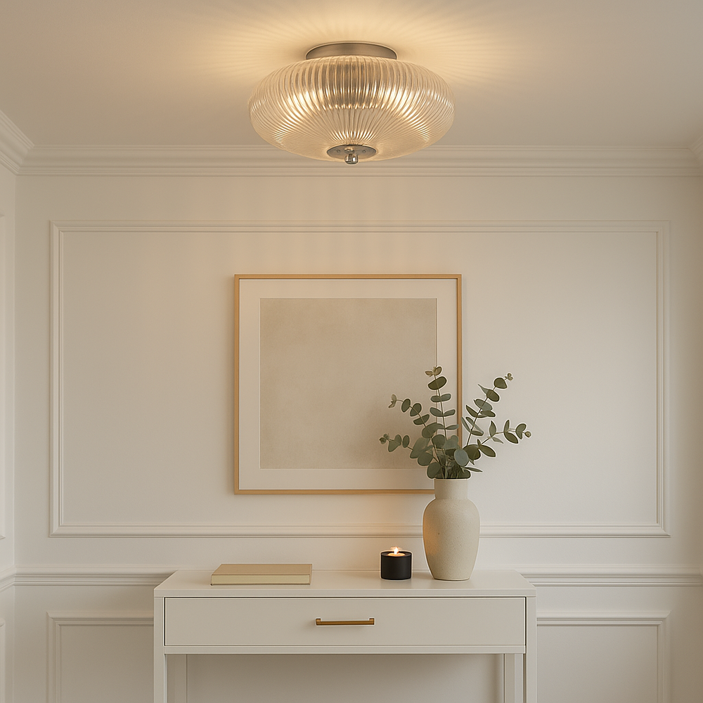 Nantwich ribbed glass ceiling light in a luxury hallway with white panelled walls, console table, artwork, vase, and candle.