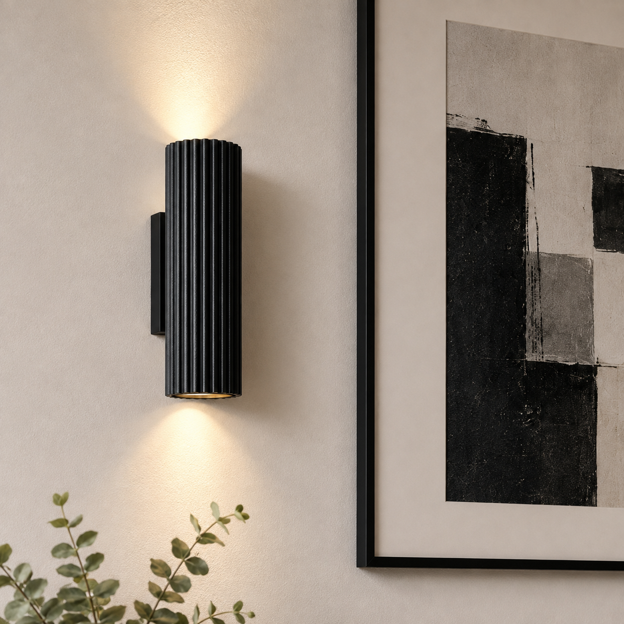 Nelson black ribbed up down wall light close-up.