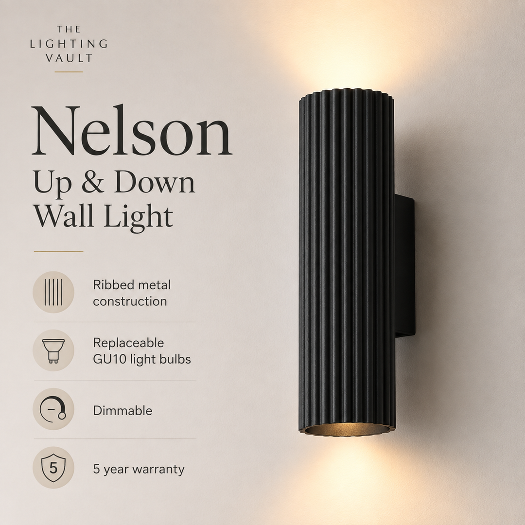 Nelson black ribbed up down wall light infographic.