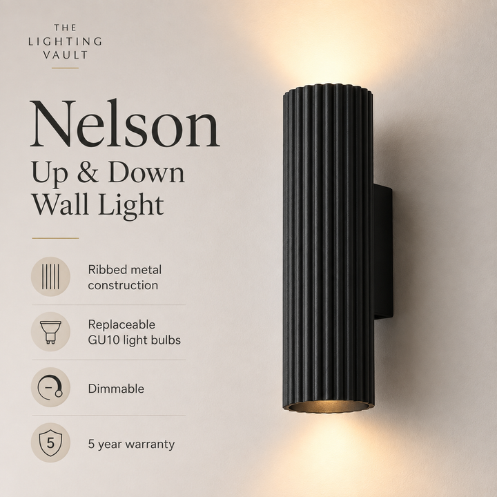 Nelson black ribbed up down wall light infographic.