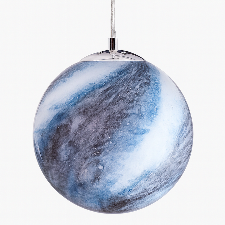Neptune large pendant light in blue and white swirled glass with polished chrome cap