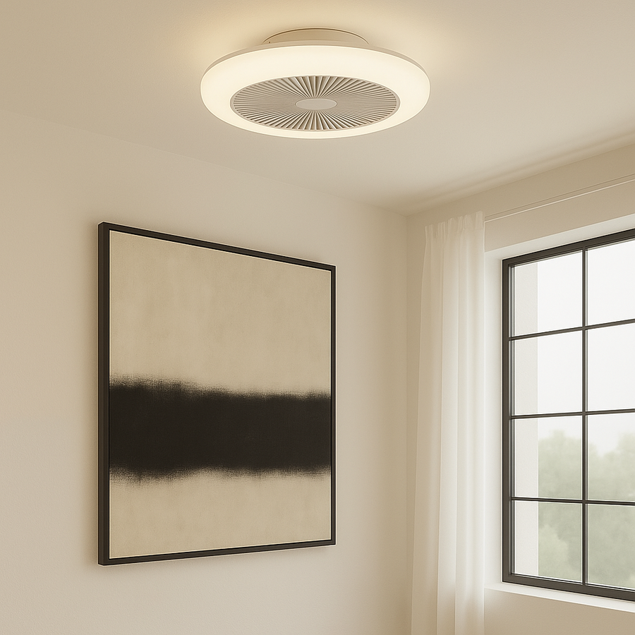Newell modern ceiling fan with integrated LED light mounted on a white ceiling in a contemporary room
