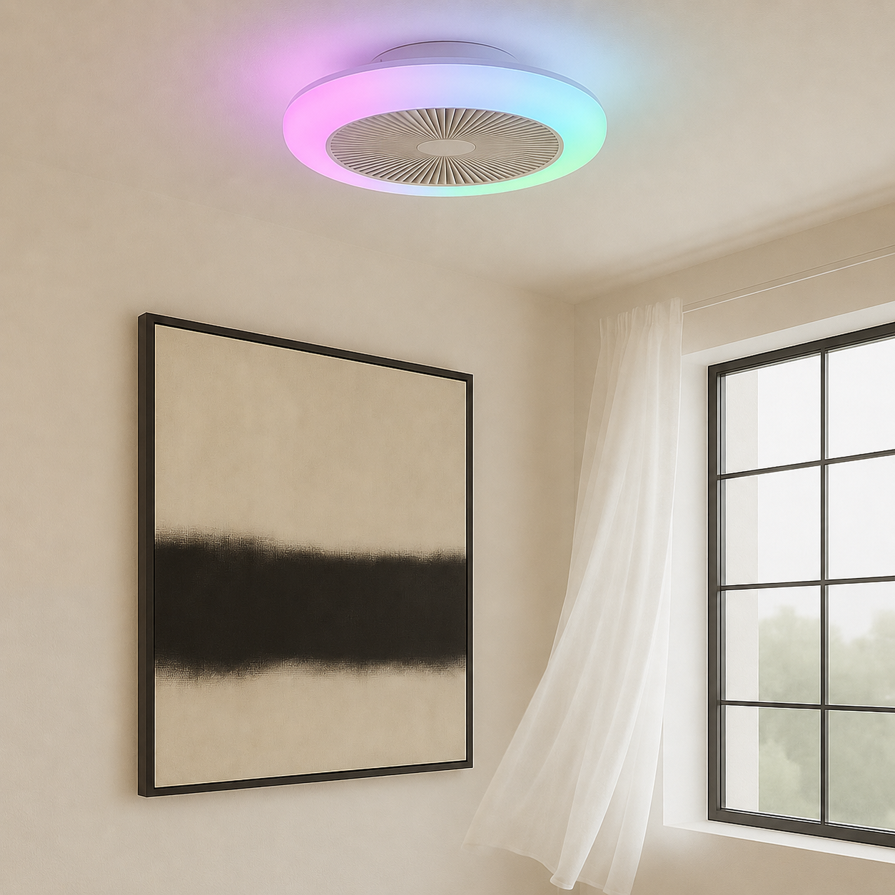 Newell RGB colour-changing ceiling fan circulating air in a modern room