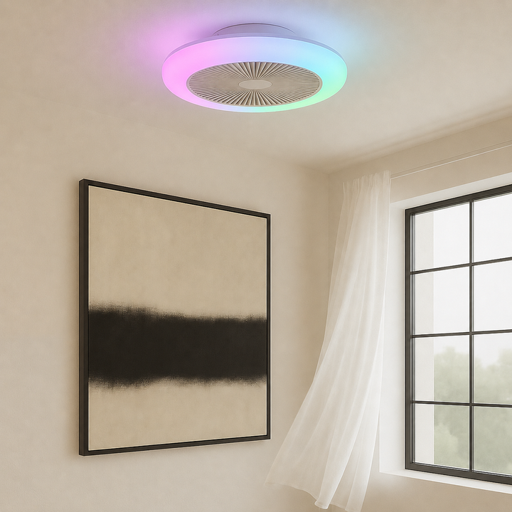 Newell RGB colour-changing ceiling fan circulating air in a modern room
