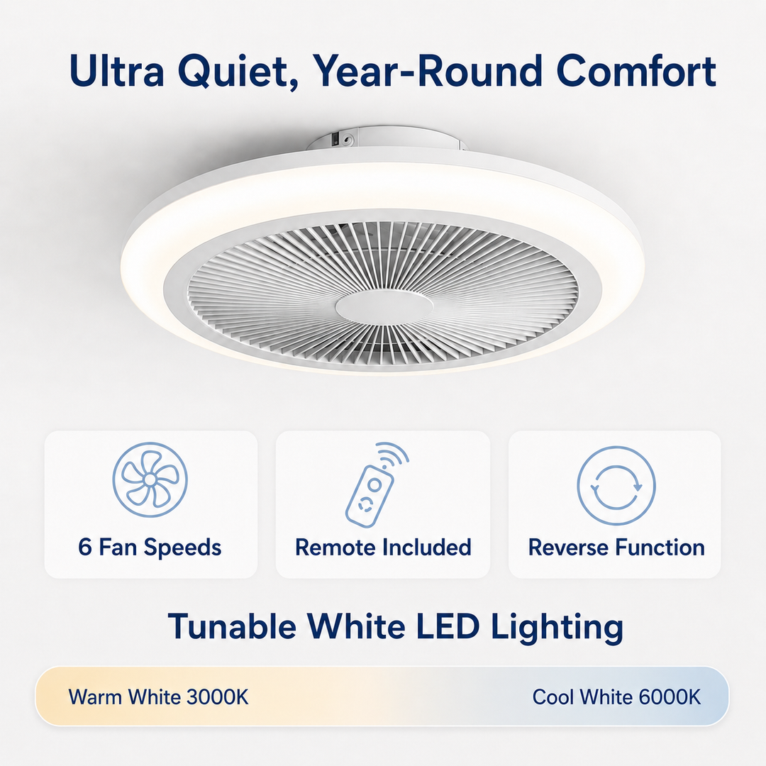 Newell ultra quiet ceiling fan with six speeds, remote control and tunable white LED lighting