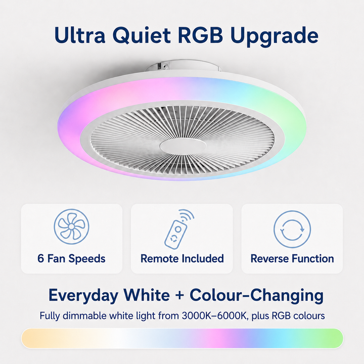 Newell ultra quiet RGB ceiling fan with dimmable 3000K to 6000K white and colour-changing lighting