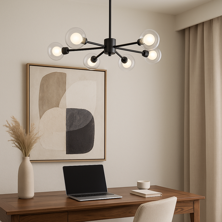 Nordic style home office with black 6-light chandelier above a luxury wooden desk and laptop.