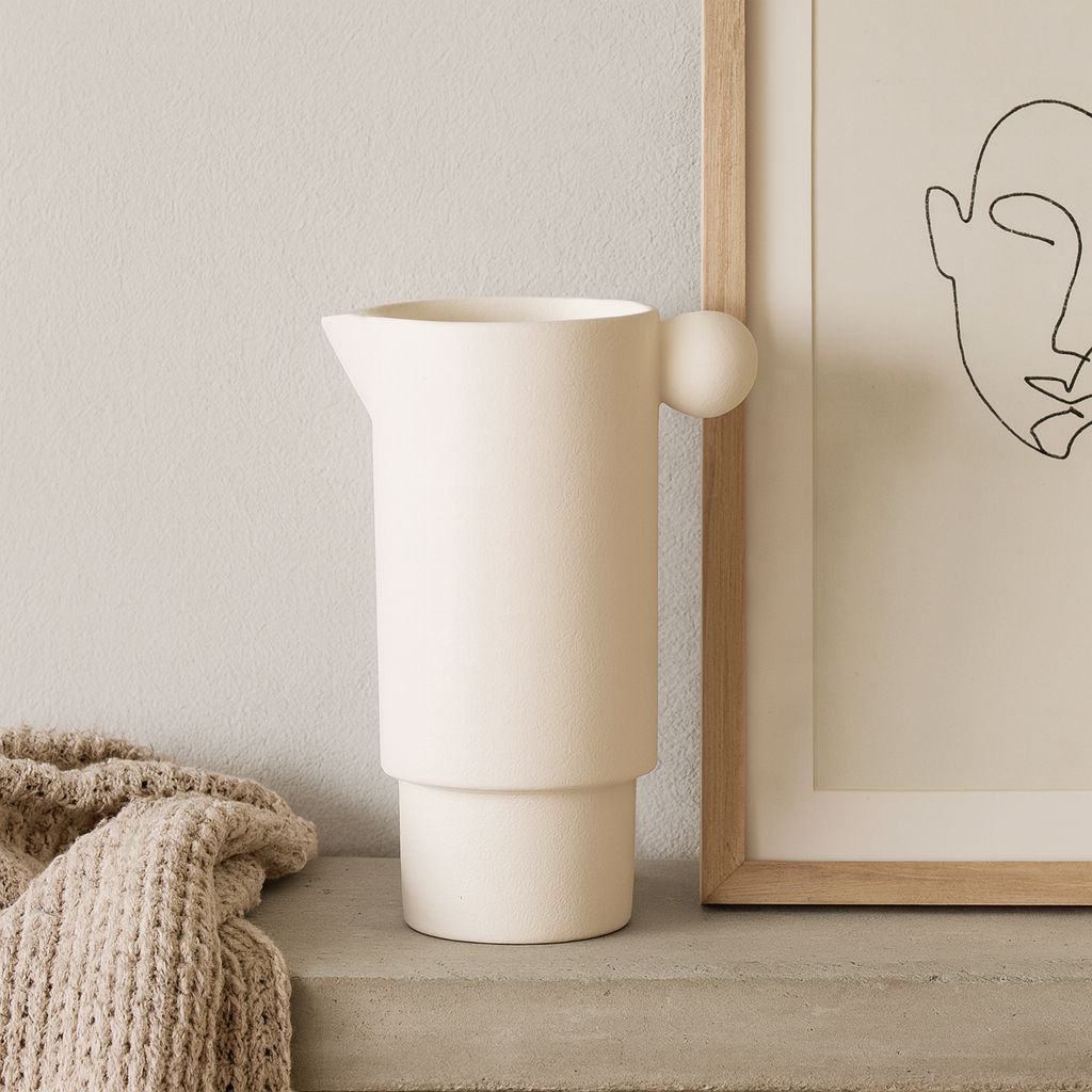 Nordic style white ceramic vase with sculptural handle styled on a concrete shelf beside artwork and textured fabric in a modern minimalist home