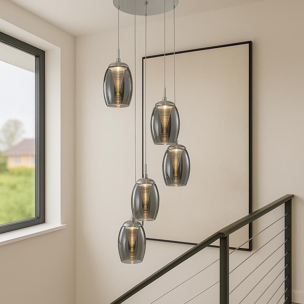 Adelaide smoked 5 light spiral pendant staircase light