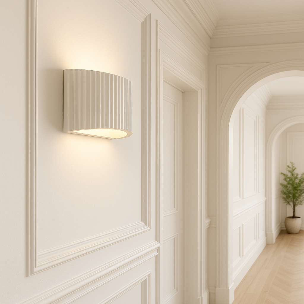 Nowra large white wall light in luxury hallway with panelled walls