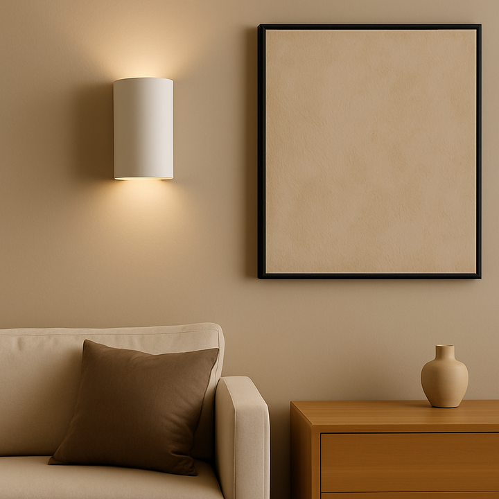 Parkes paintable ceramic-plaster wall light with up-and-down subtle glow in living room