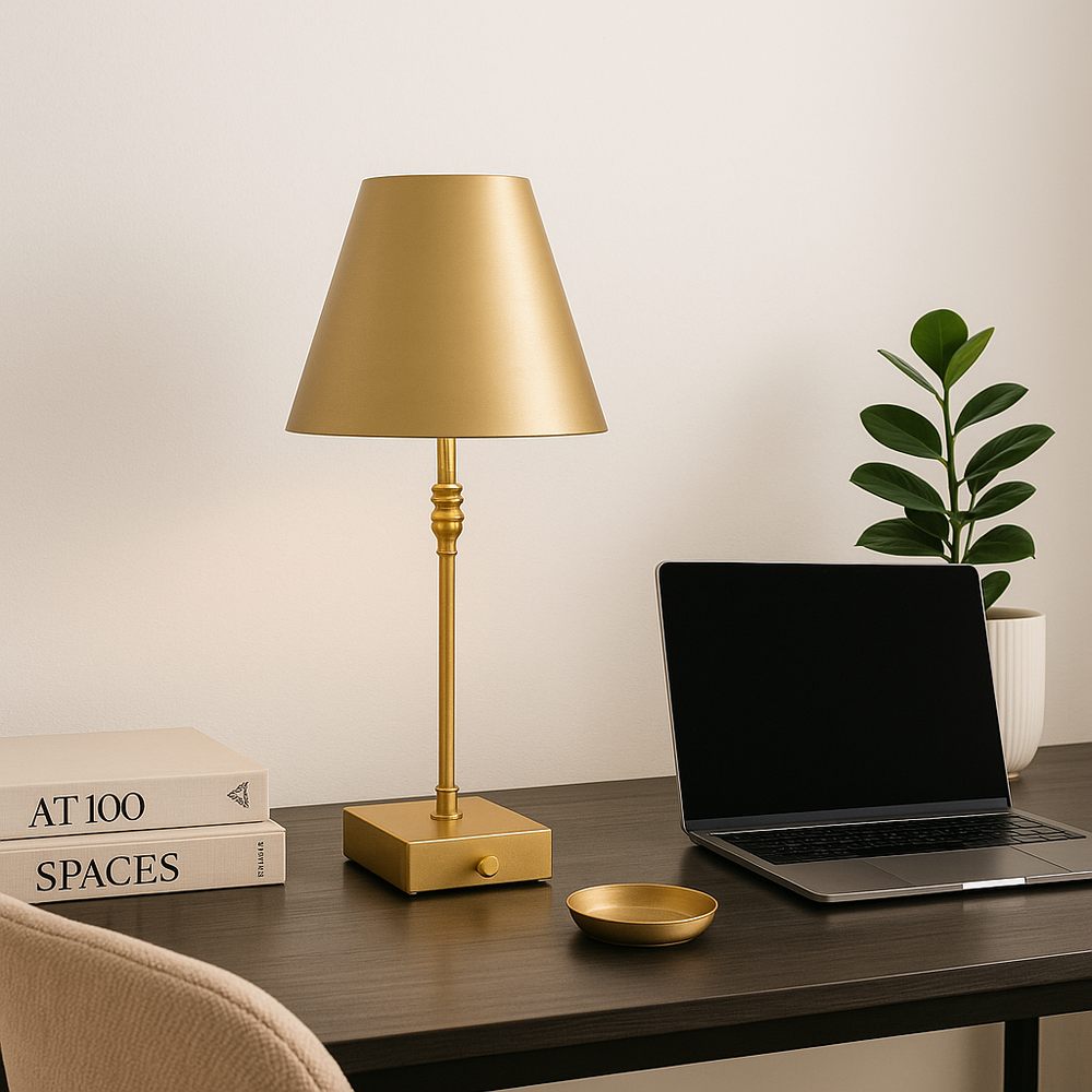 Perth Gold table lamp styled in a light and airy home office with white walls, a laptop, books, and a potted plant on a modern desk.