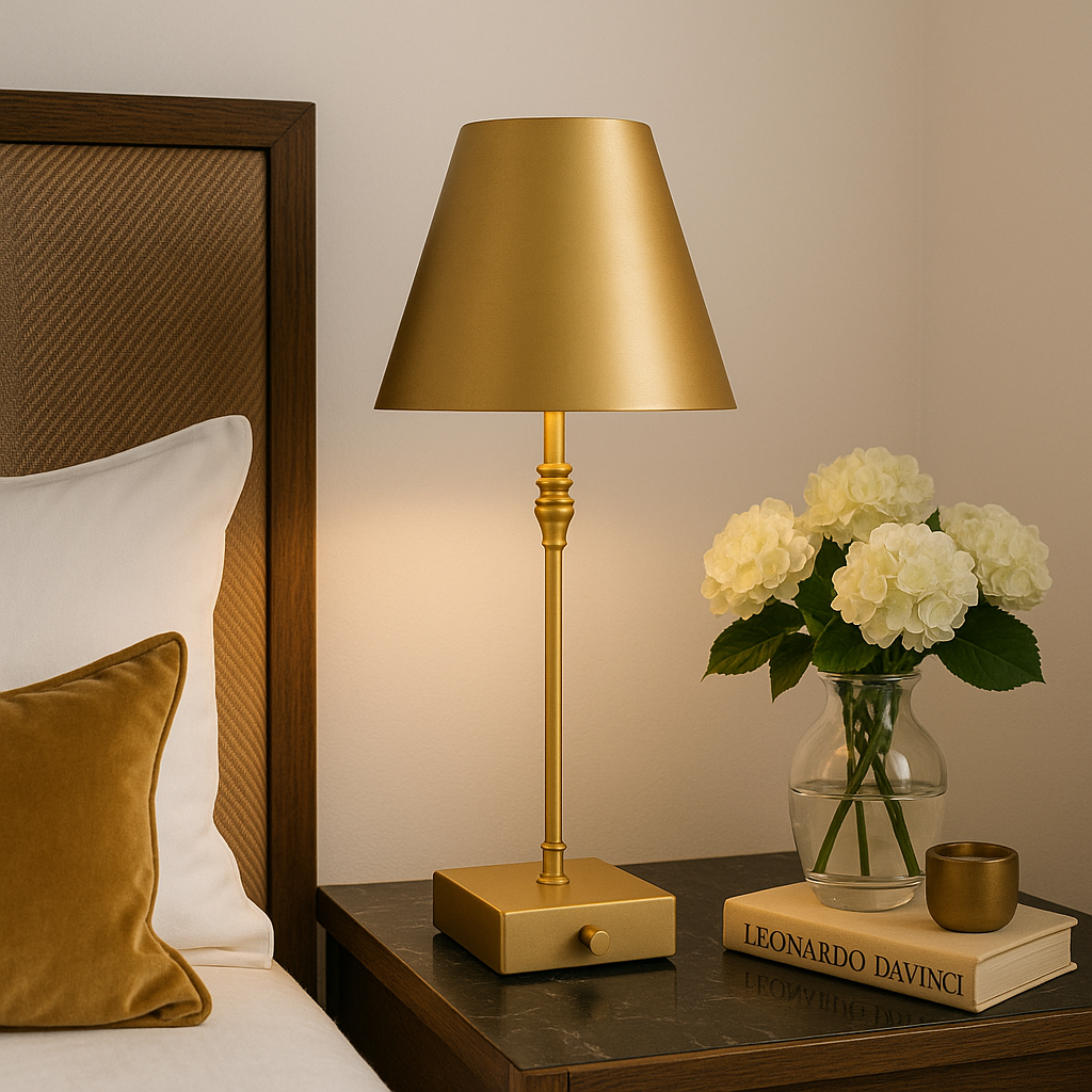 Perth Gold table lamp styled on a bedside with white walls, black marble nightstand, flowers, and books in a luxury bedroom setting.